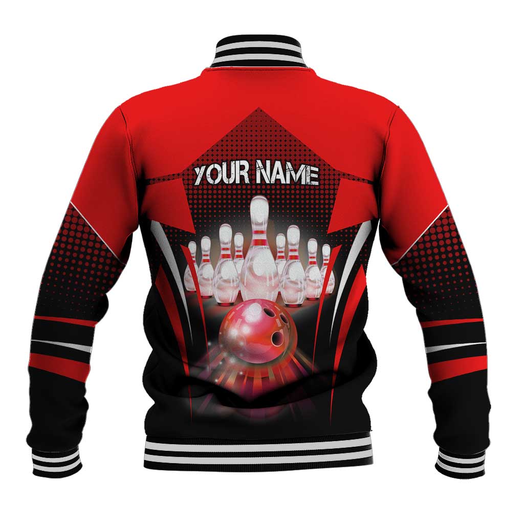 Red Bowling Strike Graphic Baseball Jacket with Pins and Ball and Custom Name Design - Wonder Print Shop