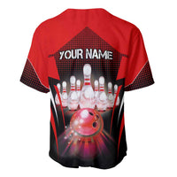 Red bowling graphic baseball jersey with 'YOUR NAME' on back, pins and ball
