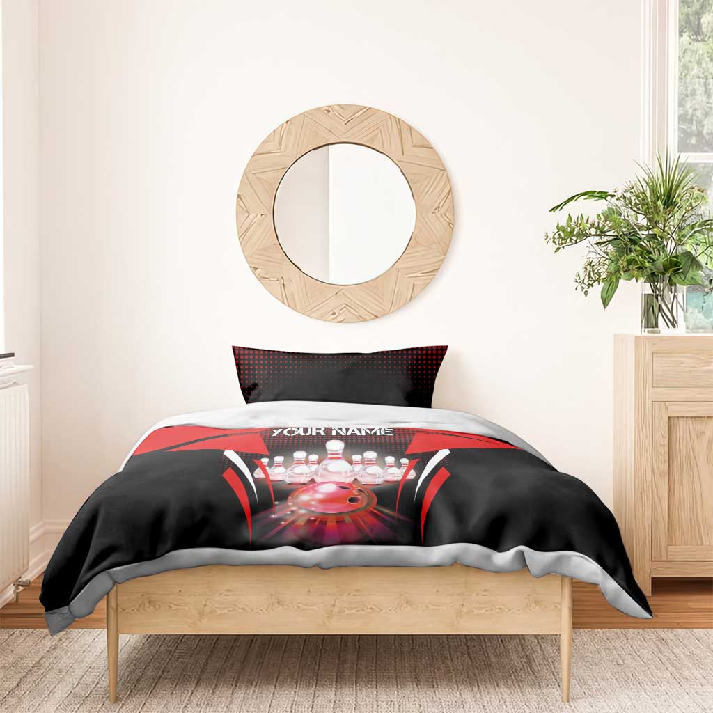 Red Bowling Strike Graphic Bedding Set with Pins and Ball and Custom Name Design - Wonder Print Shop