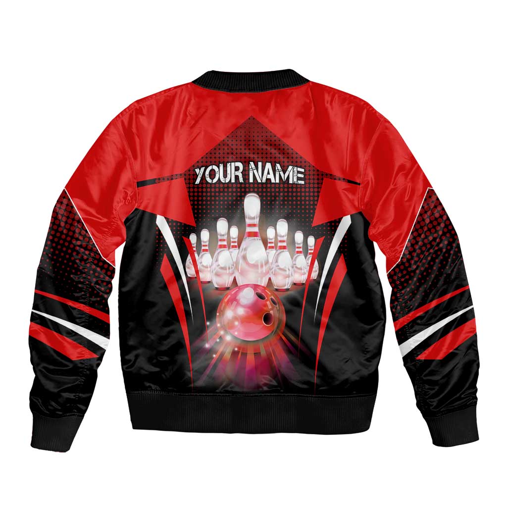 Red Bowling Strike Graphic Bomber Jacket with Pins and Ball and Custom Name Design - Wonder Print Shop