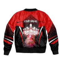Red Bowling Strike Graphic Bomber Jacket with Pins and Ball and Custom Name Design - Wonder Print Shop