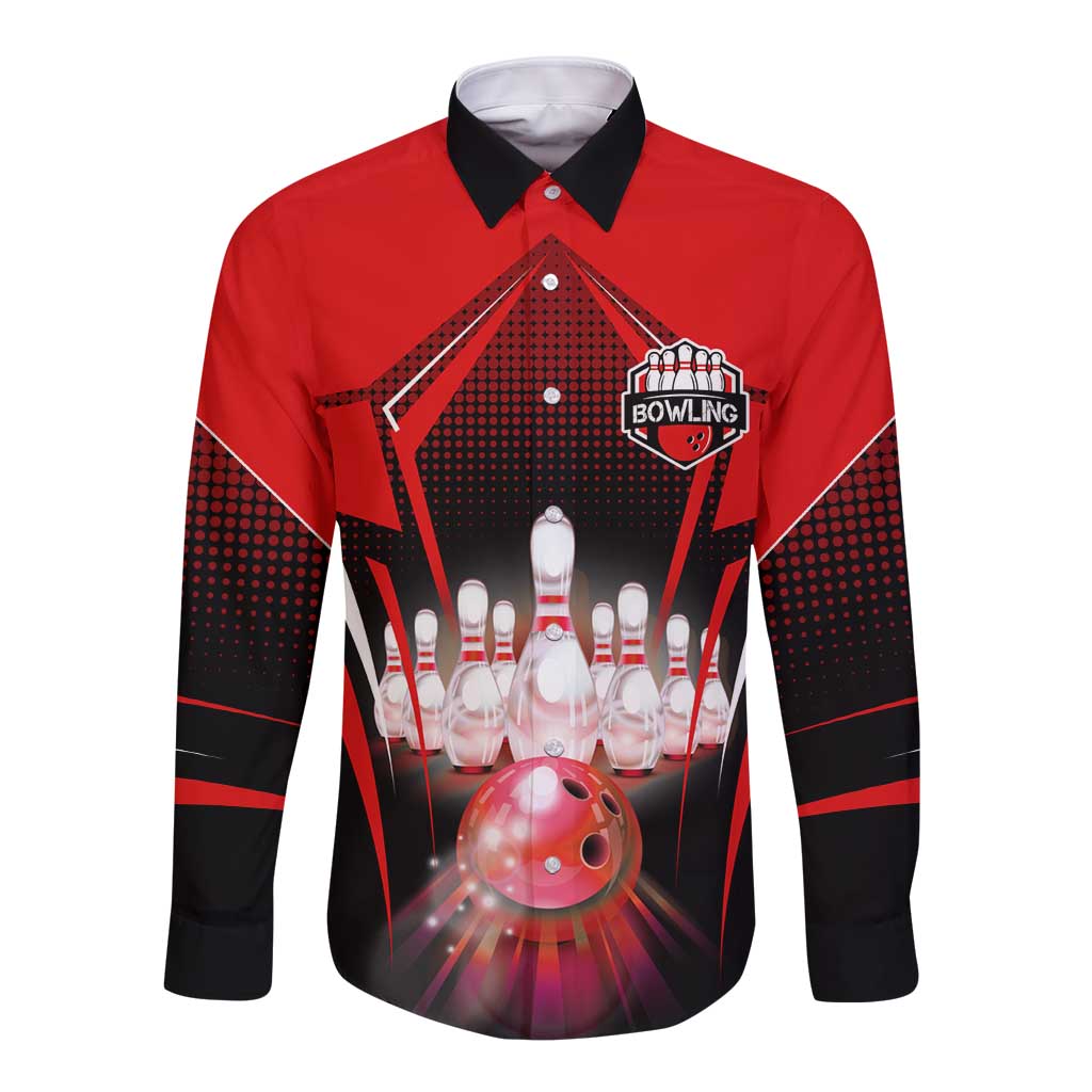 Bowling graphic button-up shirt with red sleeves; pins and ball front print