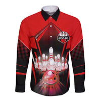 Bowling graphic button-up shirt with red sleeves; pins and ball front print