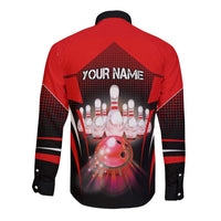 Bowling graphic button-up shirt with back print showing YOUR NAME and bowling pins