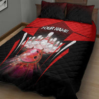 Bowling quilt bed set, black quilt with red center, custom name over bowling pins and ball
