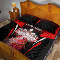 Bowling quilt bed set with black quilt, red accents, custom name, pins and ball artwork, pillows