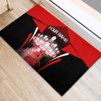 Red and black bowling strike doormat in hallway, pins, ball, YOUR NAME