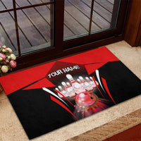 Red and black bowling strike rubber doormat by door, pins, ball, YOUR NAME