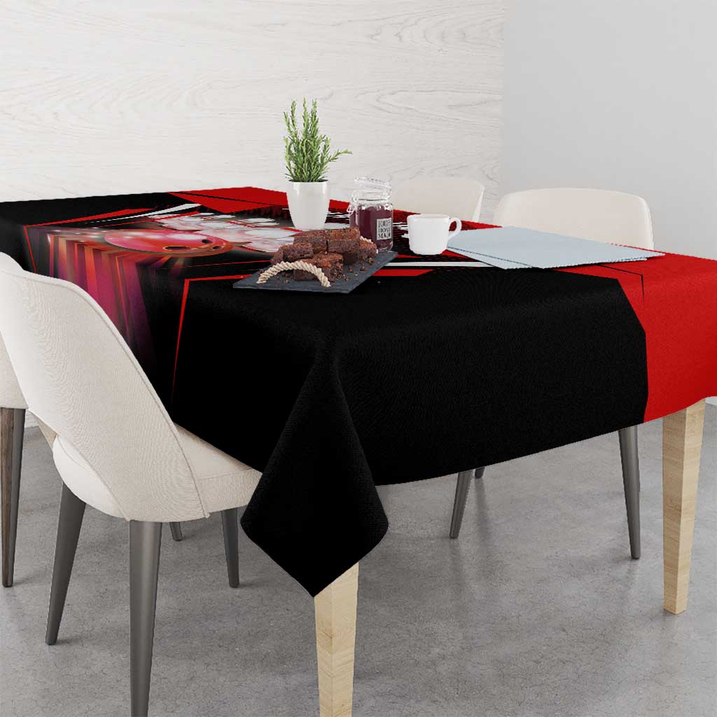 Red Bowling Strike Graphic Tablecloth with Pins and Ball and Custom Name Design - Wonder Print Shop
