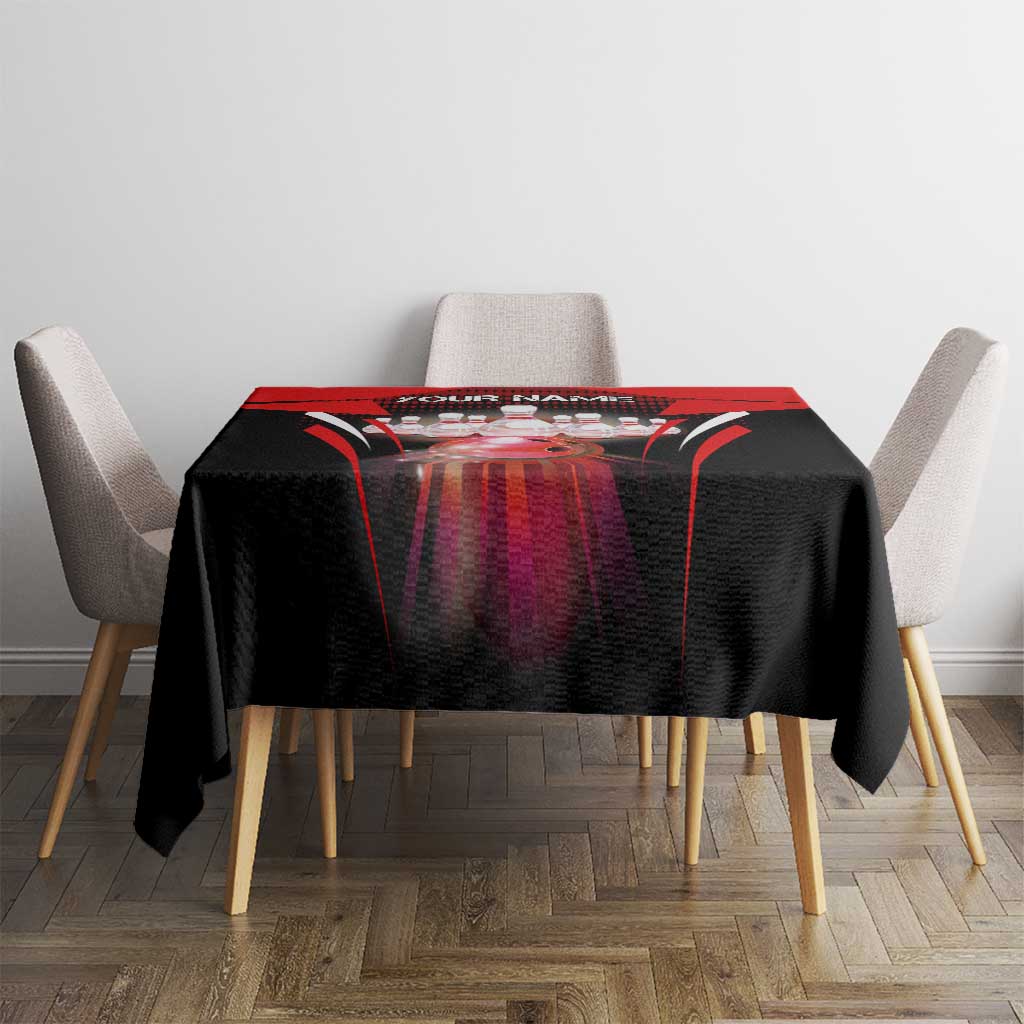 Red Bowling Strike Graphic Tablecloth with Pins and Ball and Custom Name Design - Wonder Print Shop