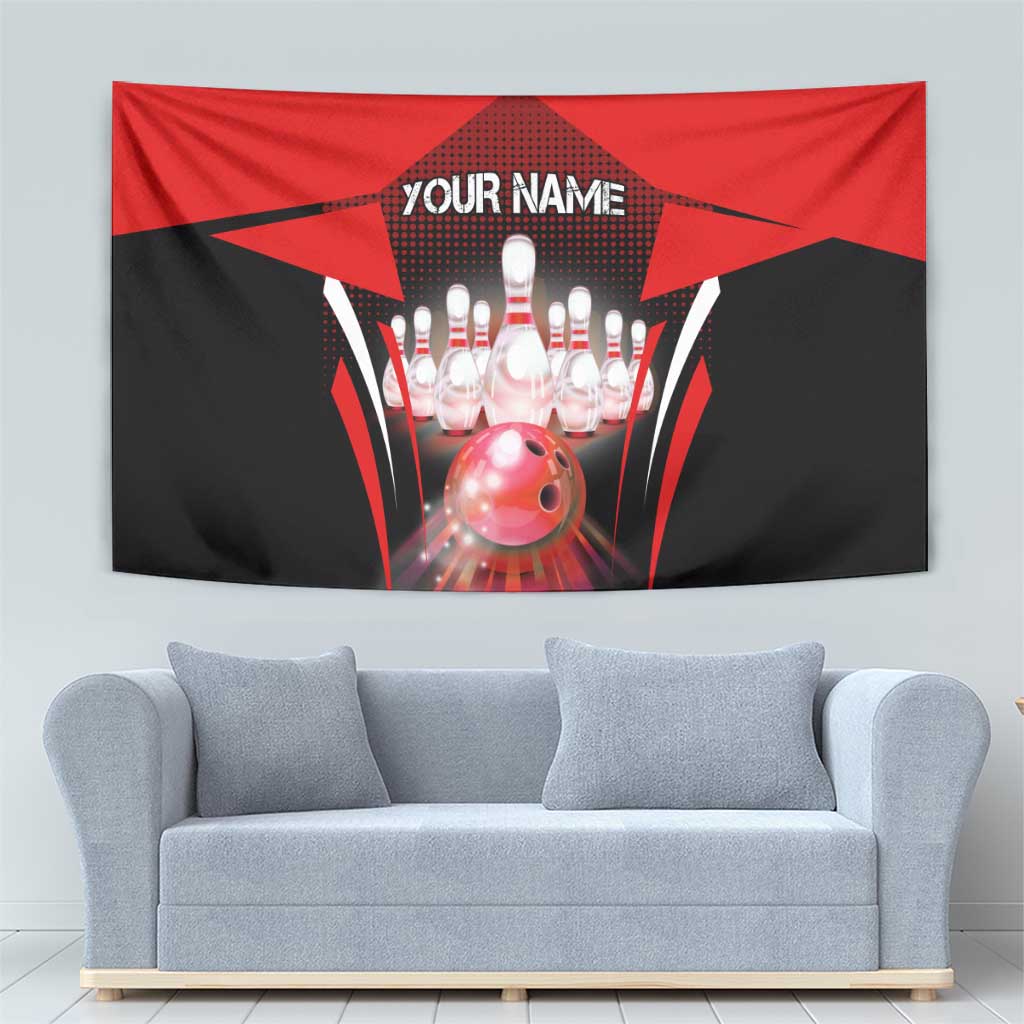 Red Bowling Strike Graphic Tapestry with Pins and Ball and Custom Name Design - Wonder Print Shop