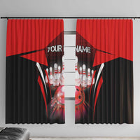 Bowling strike window curtain pair with red and black pin-and-ball graphic and name text