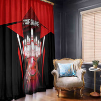 Bowling strike window curtains in red and black with pin-and-ball graphic and custom name