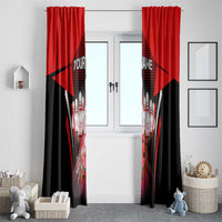Pair of bowling strike window curtains with red and black star graphic, pins, and name