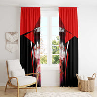 Bowling pin-and-ball window curtain set in red and black with centered name design