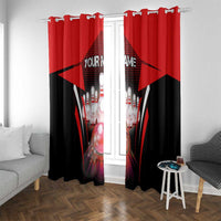 Bowling strike window curtains in red and black with pin-and-ball imagery and name text