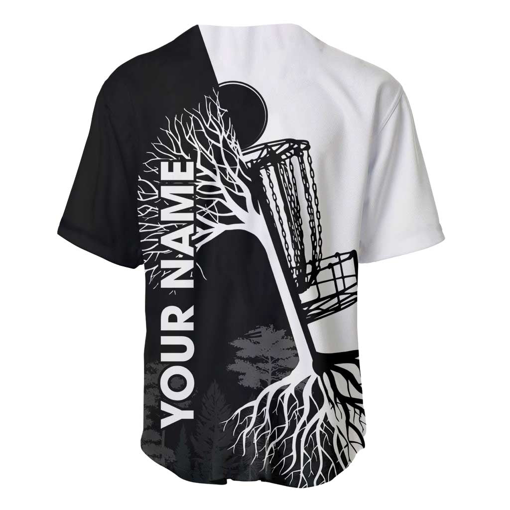 Black and White Disc Golf Tree Graphic Baseball Jersey with Roots Silhouette and Custom Name Design - Wonder Print Shop