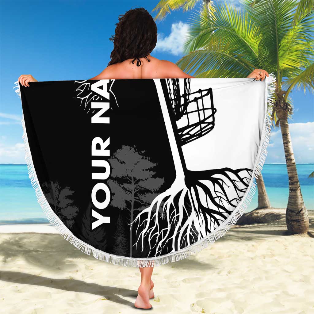 Round beach blanket with black-and-white tree roots print and tassel fringe edge