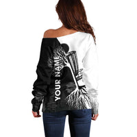 Two-tone off-shoulder sweater back with tree roots graphic and vertical "YOUR NAME"