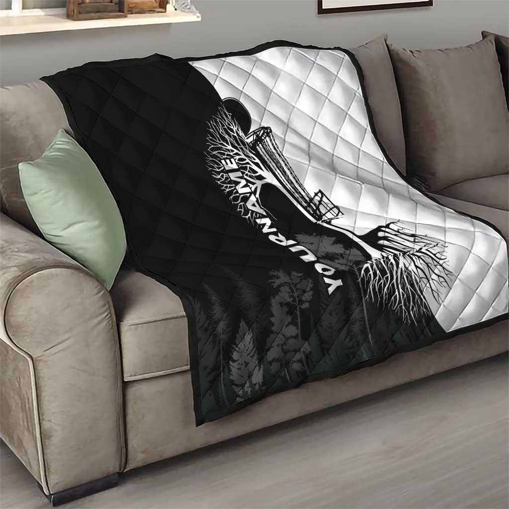 Black and White Disc Golf Tree Graphic Quilt with Roots Silhouette and Custom Name Design - Wonder Print Shop