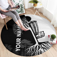 Round area rug with black tree roots, golf basket illustration, and “YOUR NAME” text