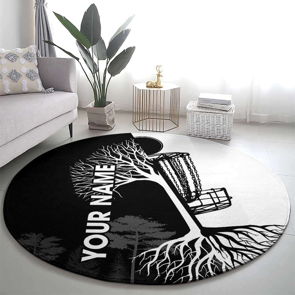 Round carpet featuring tree silhouette roots graphic with “YOUR NAME” and golf basket art