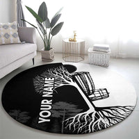 Round carpet featuring tree silhouette roots graphic with “YOUR NAME” and golf basket art