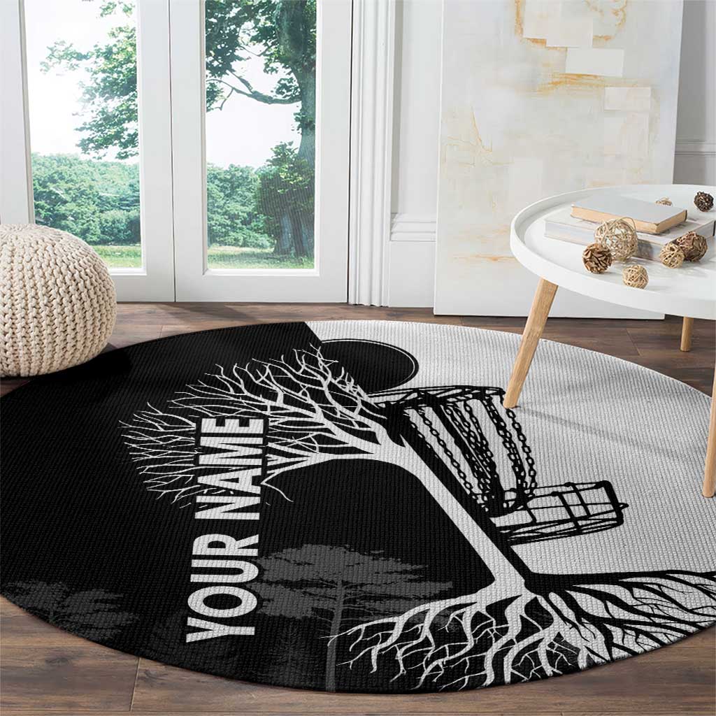 Round black-and-white area rug with tree roots silhouette, “YOUR NAME” lettering, golf basket