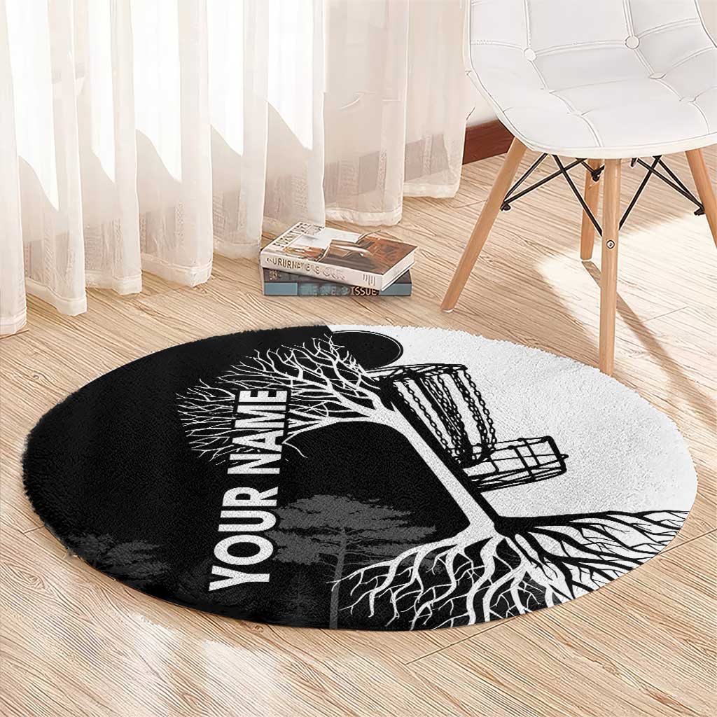 Round rug with black tree roots graphic, golf basket illustration, and “YOUR NAME” text