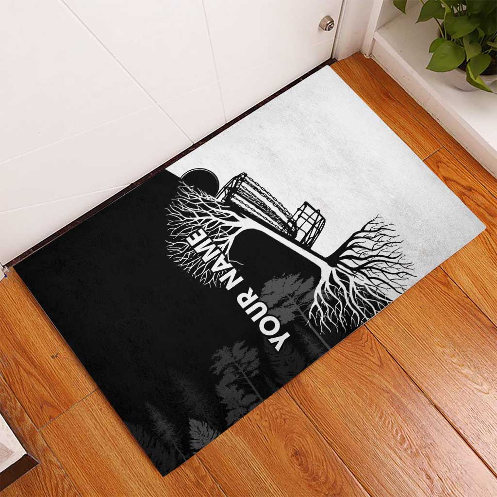 Black and White Disc Golf Tree Graphic Rubber Doormat with Roots Silhouette and Custom Name Design - Wonder Print Shop
