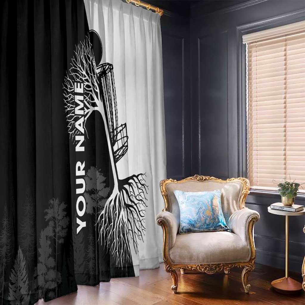 Black and White Disc Golf Tree Graphic Window Curtain with Roots Silhouette and Custom Name Design - Wonder Print Shop