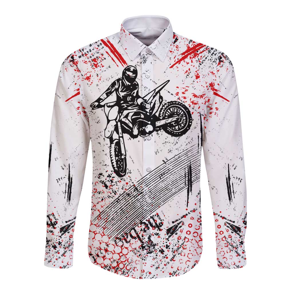 Motocross Rider Long Sleeve Button Shirt with Abstract Grunge Brush and Custom Number in Red and Black Splatter Design - Wonder Print Shop