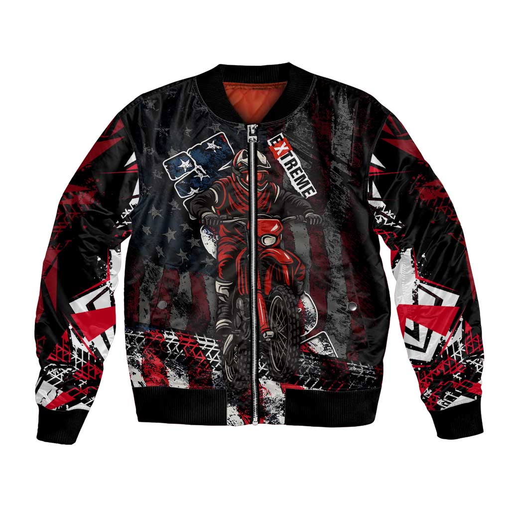 Motocross Rider Bomber Jacket with American Flag Background and Extreme Text in Red and Black Grunge Design - Wonder Print Shop