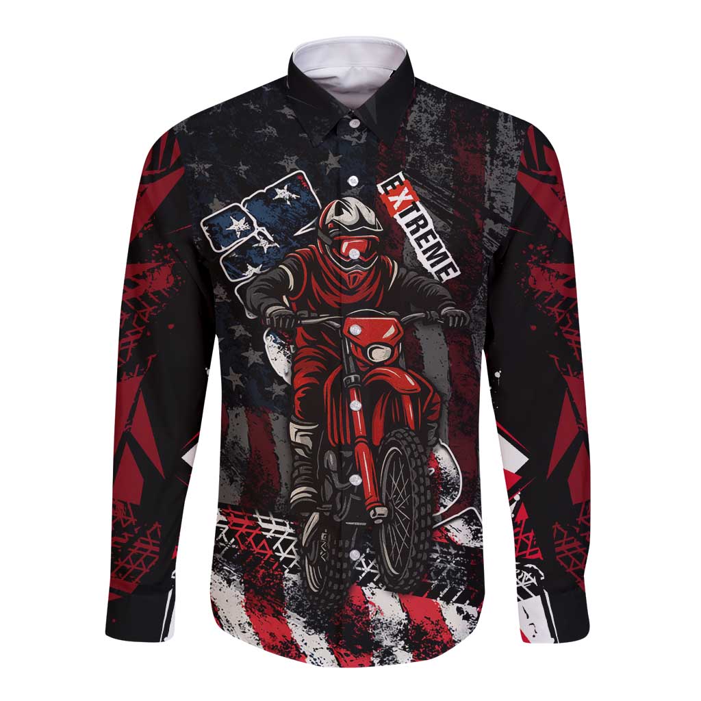 Motocross Rider Long Sleeve Button Shirt with American Flag Background and Extreme Text in Red and Black Grunge Design - Wonder Print Shop