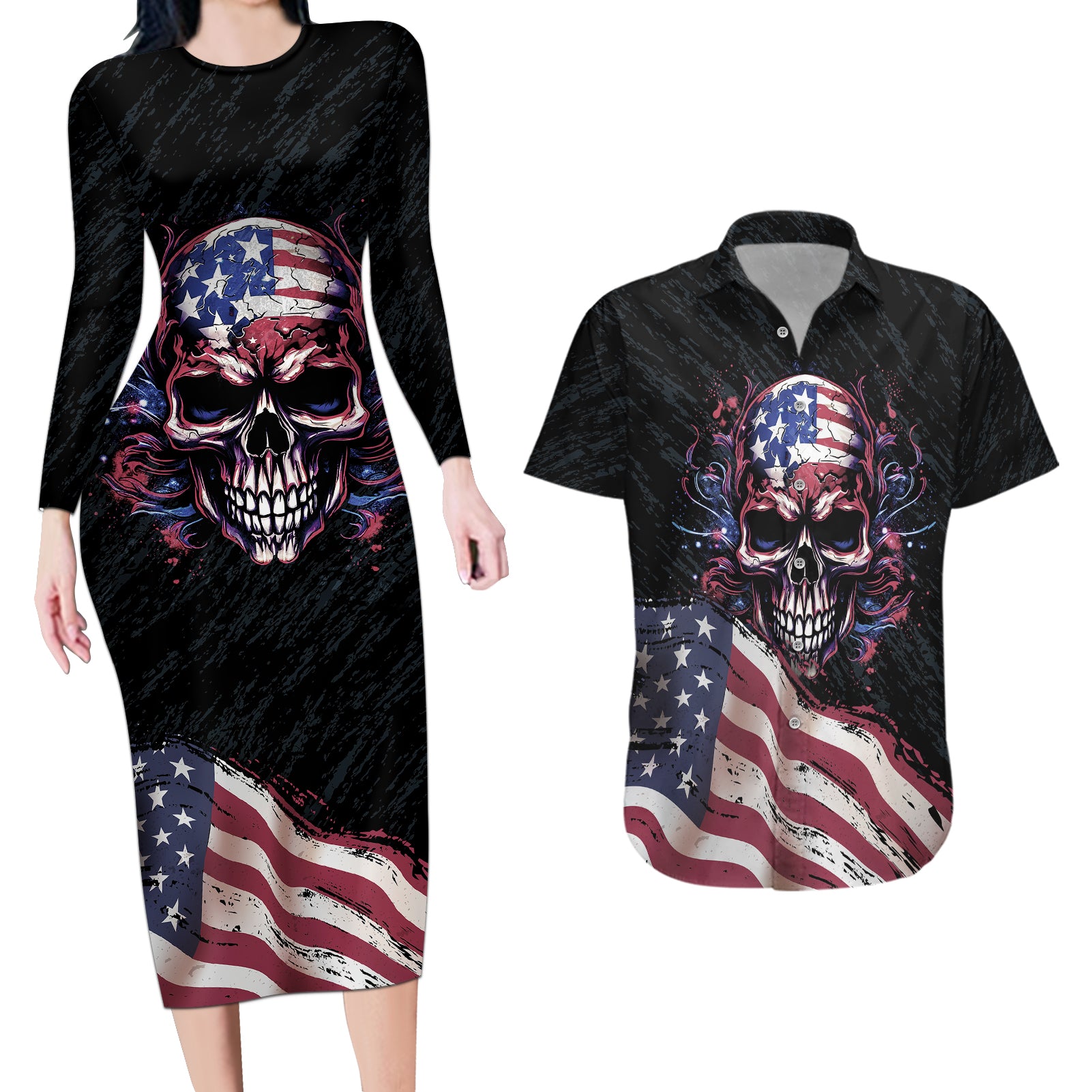 American Flag Skull Couples Matching Long Sleeve Bodycon Dress and Hawaiian Shirt Sorry If My Patriotism Offends You Trust Me - Wonder Print Shop