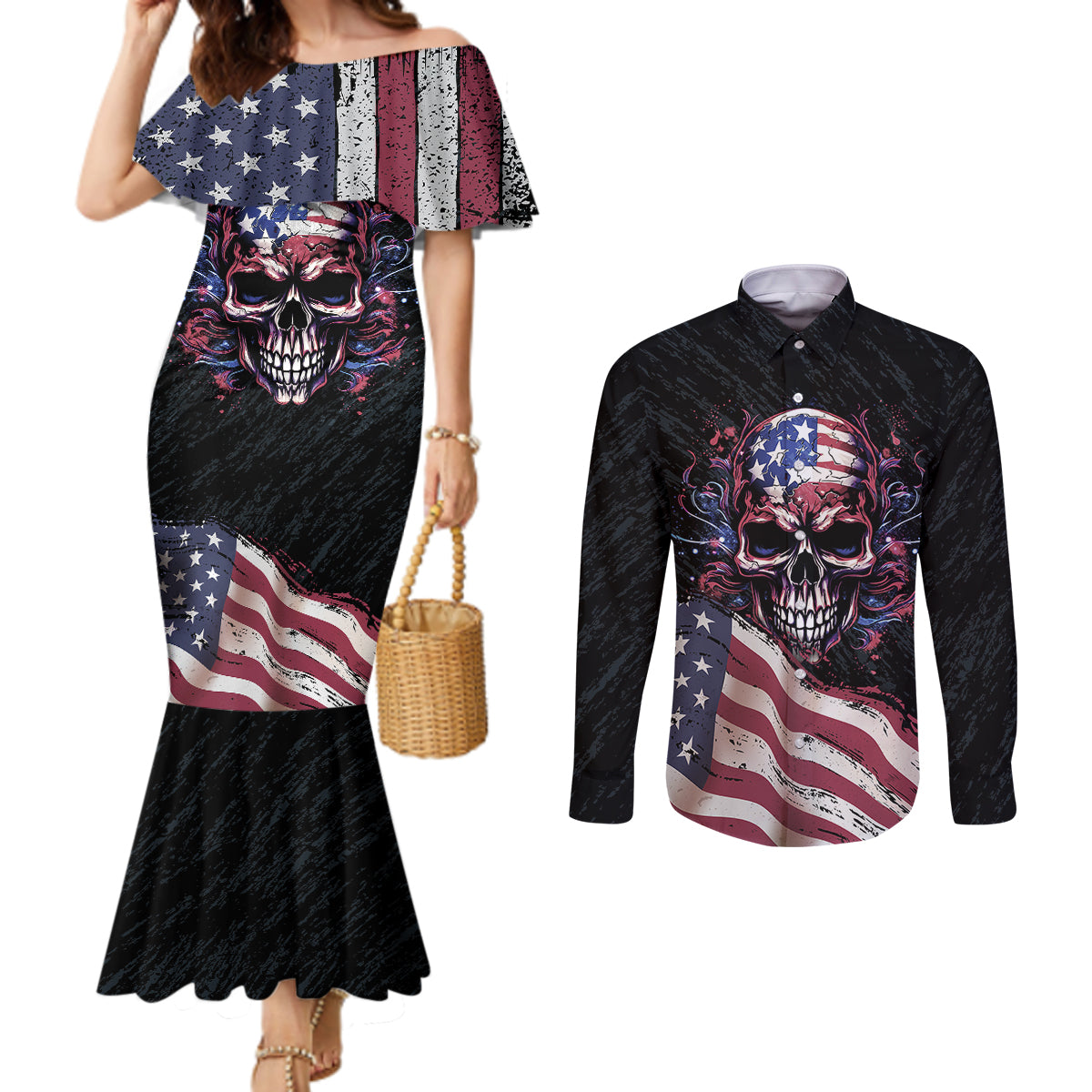 american-flag-skull-couples-matching-mermaid-dress-and-long-sleeve-button-shirts-sorry-if-my-patriotism-offends-you-trust-me