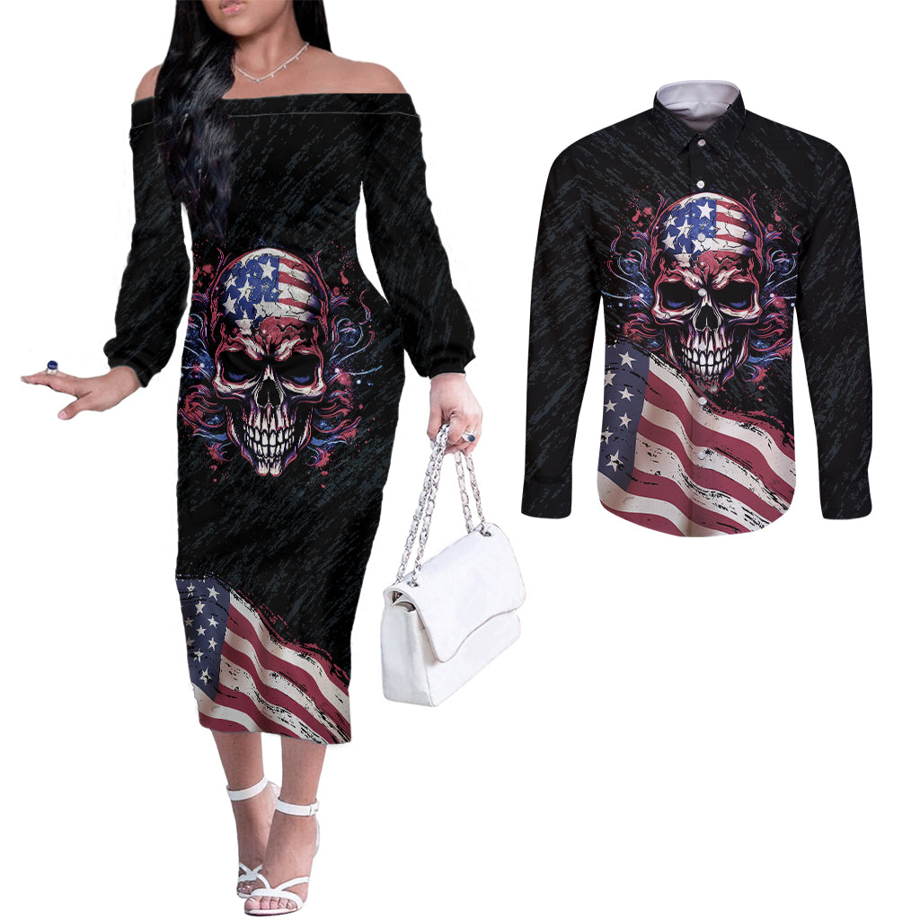 american-flag-skull-couples-matching-off-the-shoulder-long-sleeve-dress-and-long-sleeve-button-shirts-sorry-if-my-patriotism-offends-you-trust-me