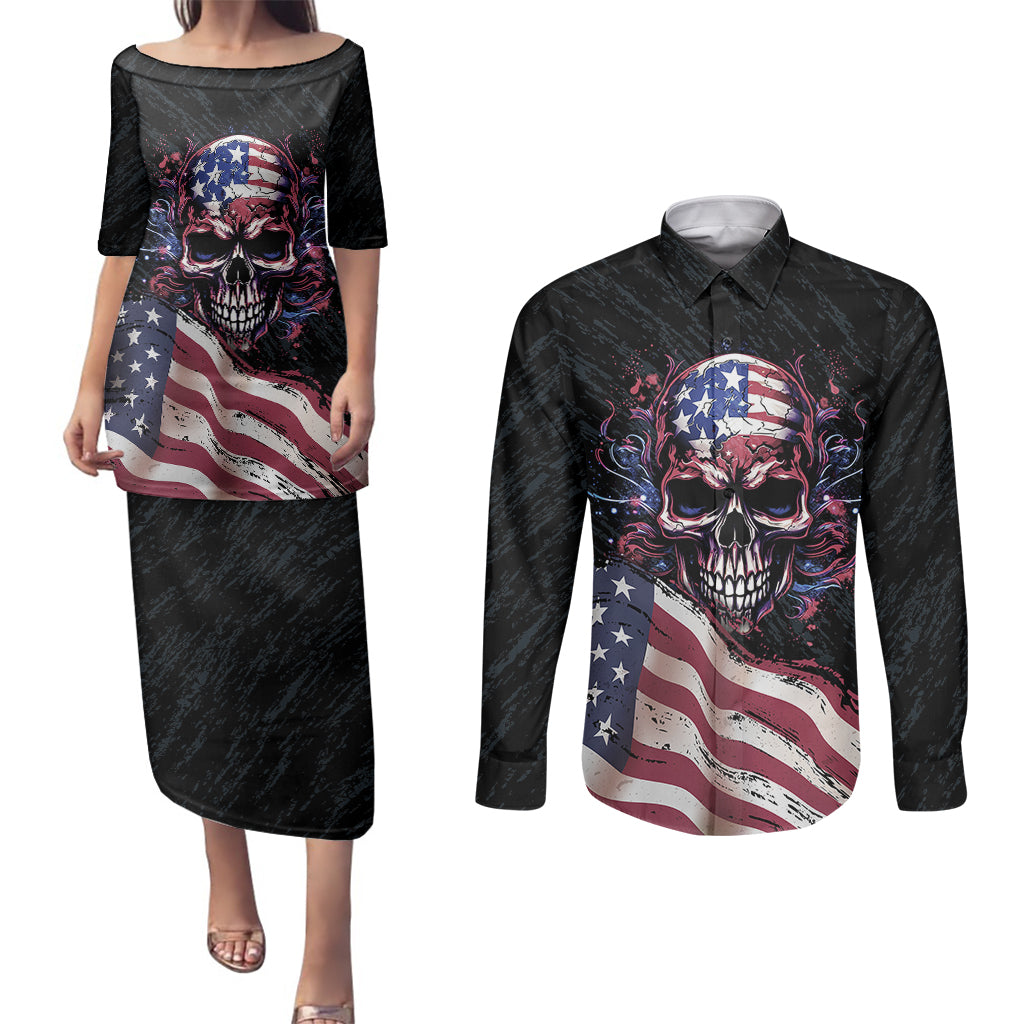 American Flag Skull Couples Matching Puletasi Dress and Long Sleeve Button Shirts Sorry If My Patriotism Offends You Trust Me - Wonder Print Shop