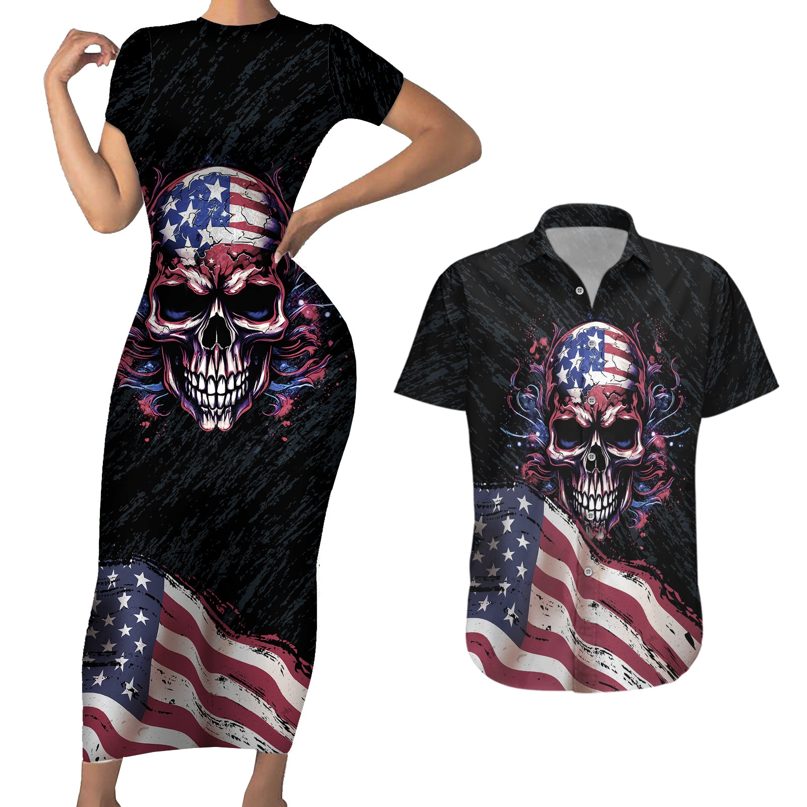 American Flag Skull Couples Matching Short Sleeve Bodycon Dress and Hawaiian Shirt Sorry If My Patriotism Offends You Trust Me - Wonder Print Shop