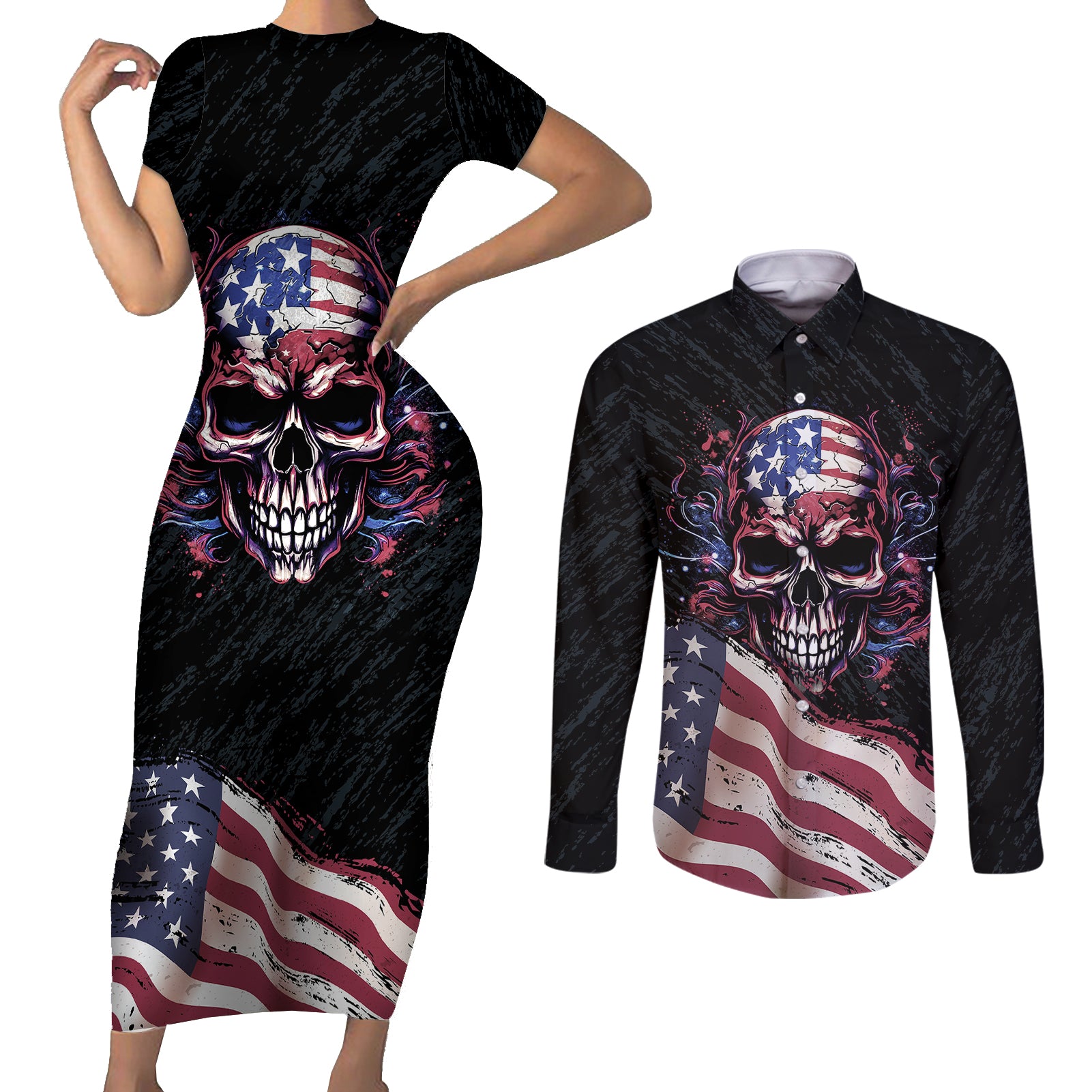 American Flag Skull Couples Matching Short Sleeve Bodycon Dress and Long Sleeve Button Shirts Sorry If My Patriotism Offends You Trust Me - Wonder Print Shop