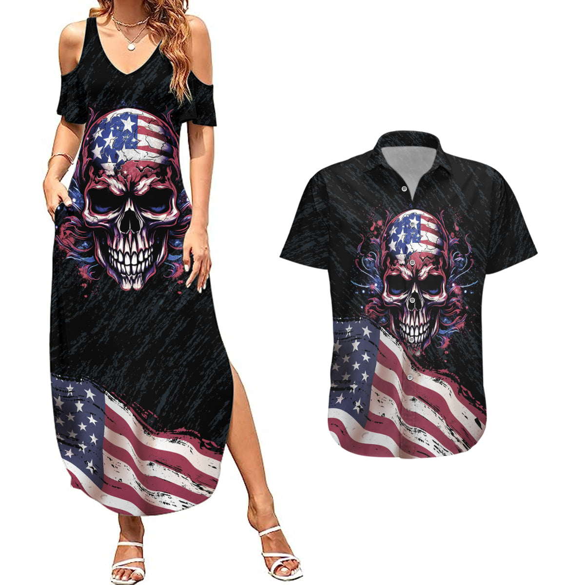 American Flag Skull Couples Matching Summer Maxi Dress and Hawaiian Shirt Sorry If My Patriotism Offends You Trust Me - Wonder Print Shop