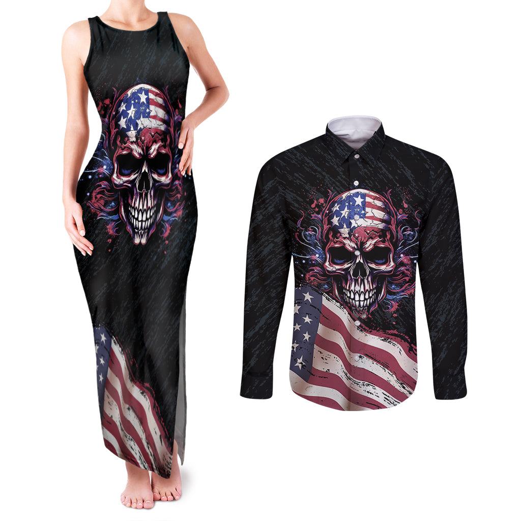 American Flag Skull Couples Matching Tank Maxi Dress and Long Sleeve Button Shirts Sorry If My Patriotism Offends You Trust Me - Wonder Print Shop