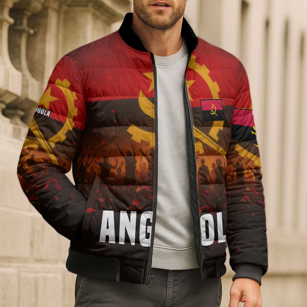 Angola Bomber Puffer Jacket with Red Black Yellow Grunge Design - Wonder Print Shop