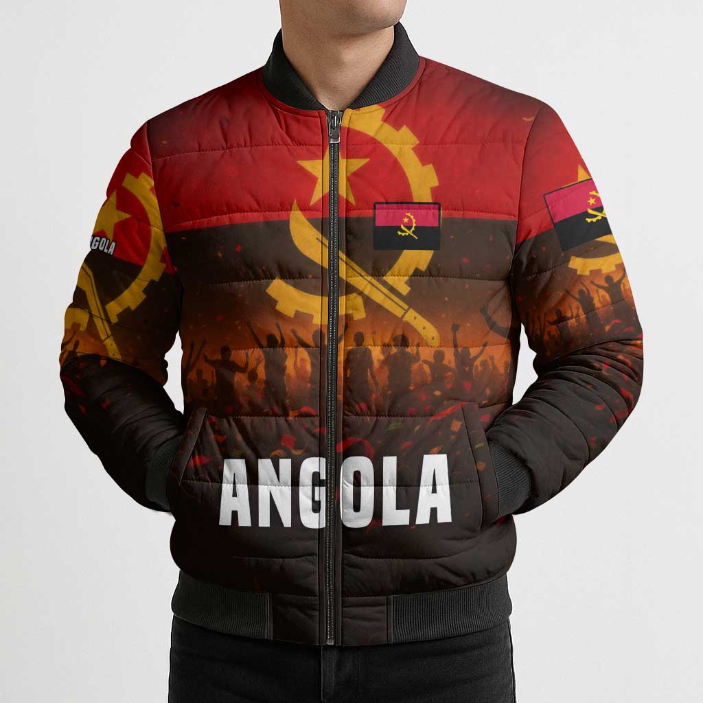Angola Bomber Puffer Jacket with Red Black Yellow Grunge Design - Wonder Print Shop