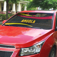 Auto sun shade on red car windshield with multicolor tribal design and ANGOLA print