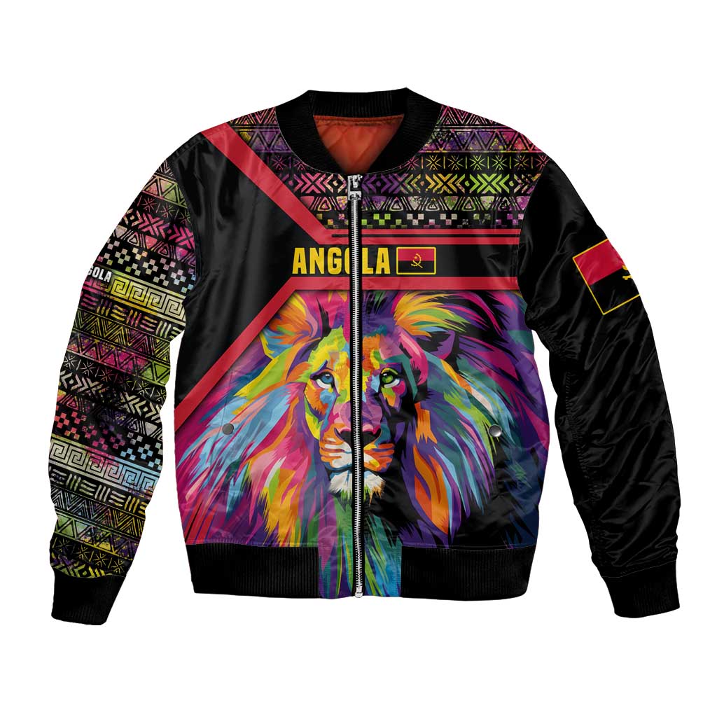 Angola Bomber Jacket with Multicolor Tribal Design and Vibrant Lion - Wonder Print Shop
