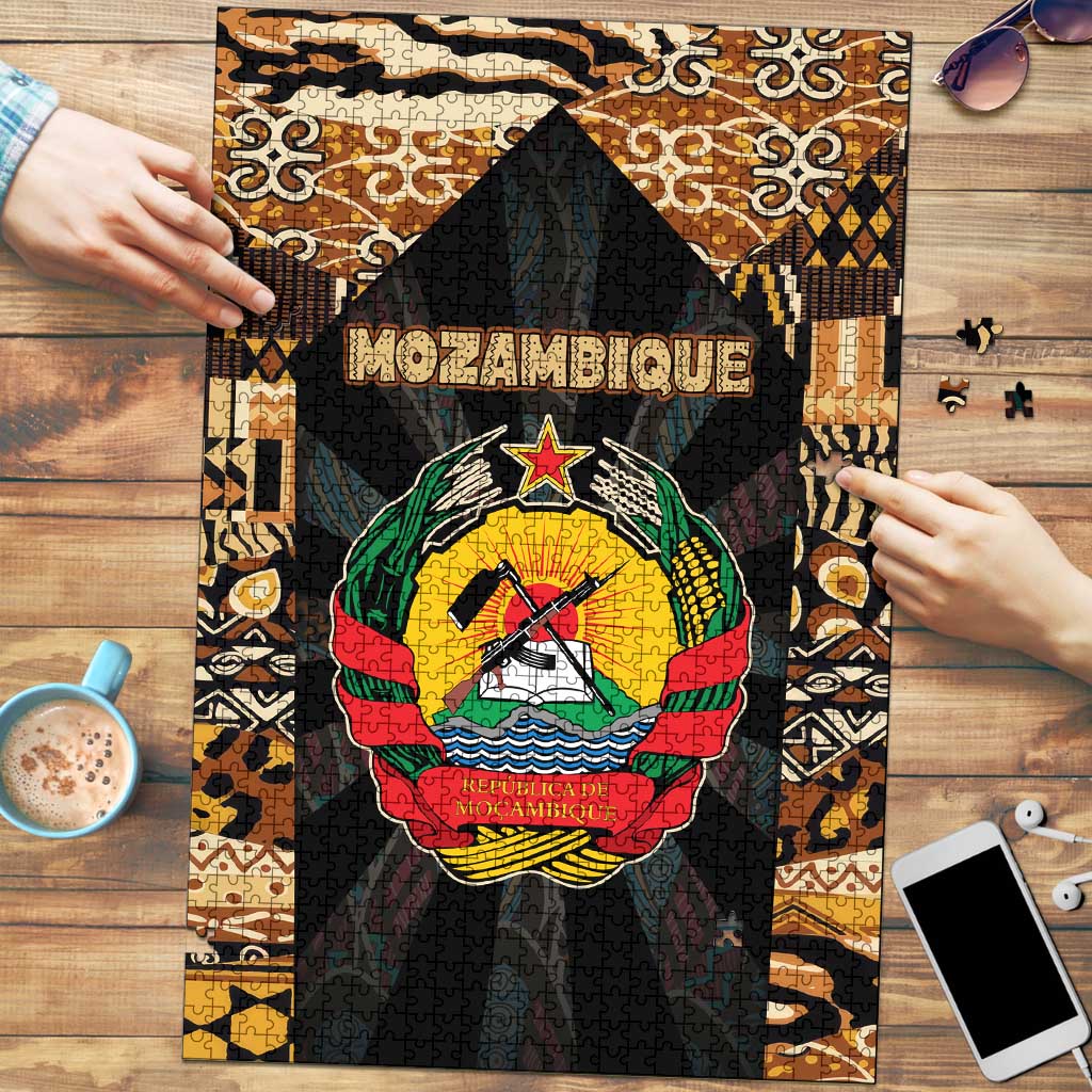Mozambique Puzzle with Black Brown Tribal Design and National Emblem - Wonder Print Shop