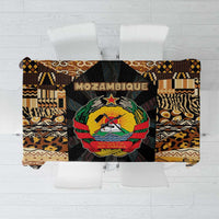 Black and brown tribal tablecloth with multicolor emblem and geometric border, square