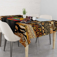 Rectangular tribal tablecloth with animal-print style motifs and colorful banding