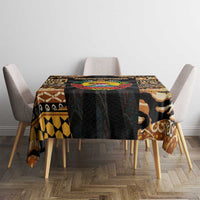 Colorful tribal tablecloth on dining table with dark center panel and beige border